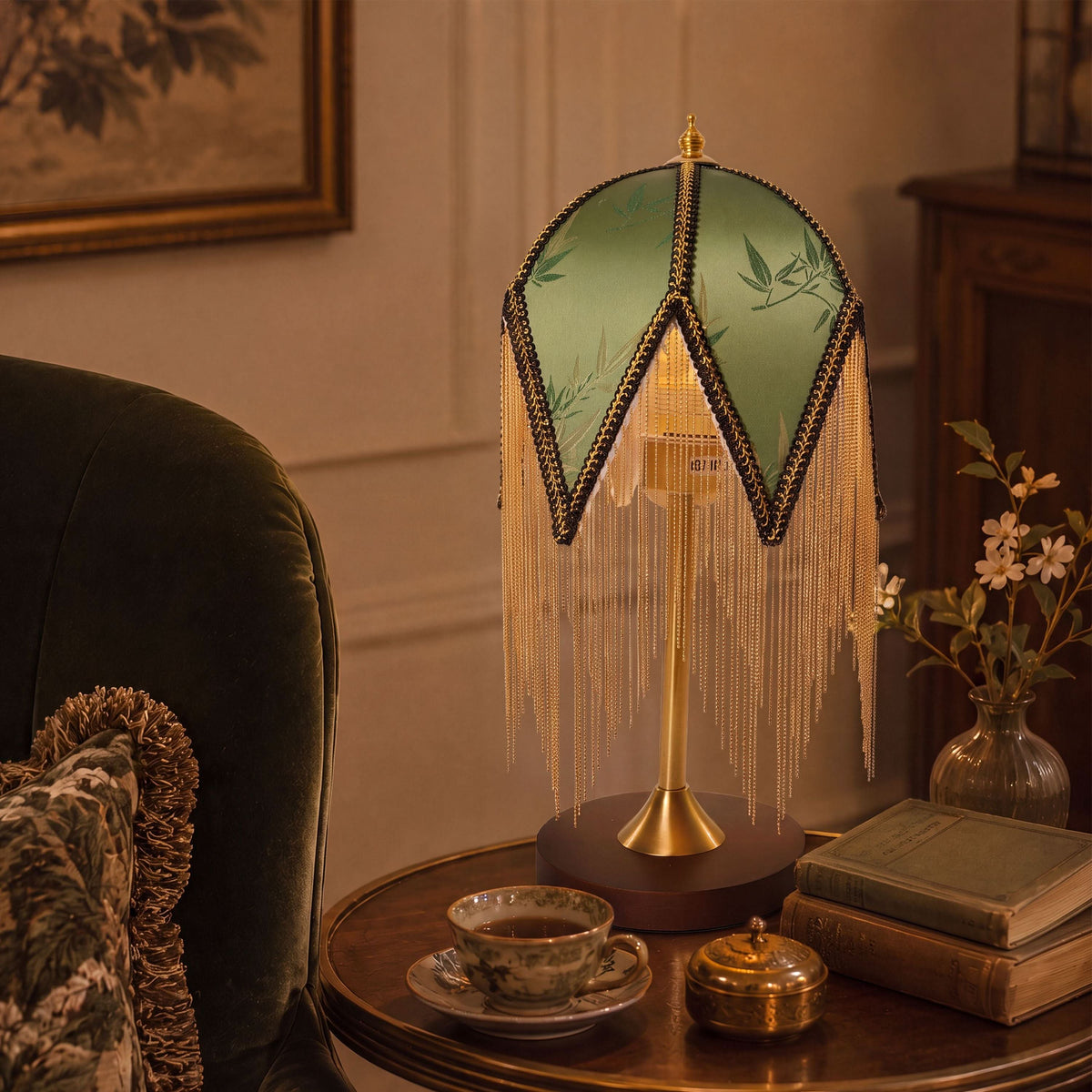mid-century tassel table lamp on a desk with soft ambient light