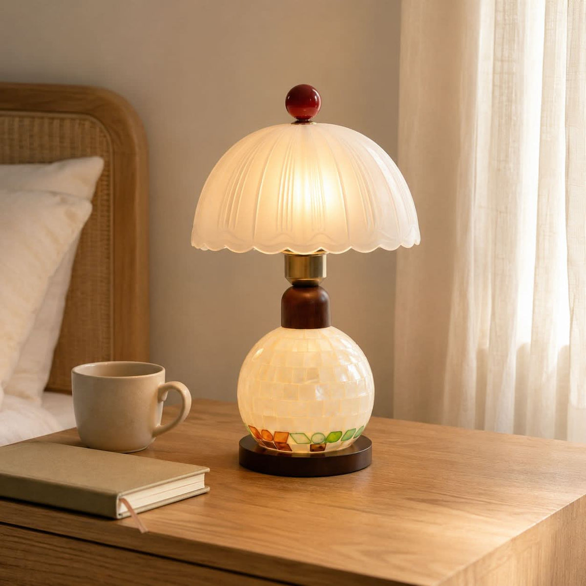 mother-of-pearl mosaic table lamp shown as a clean product view