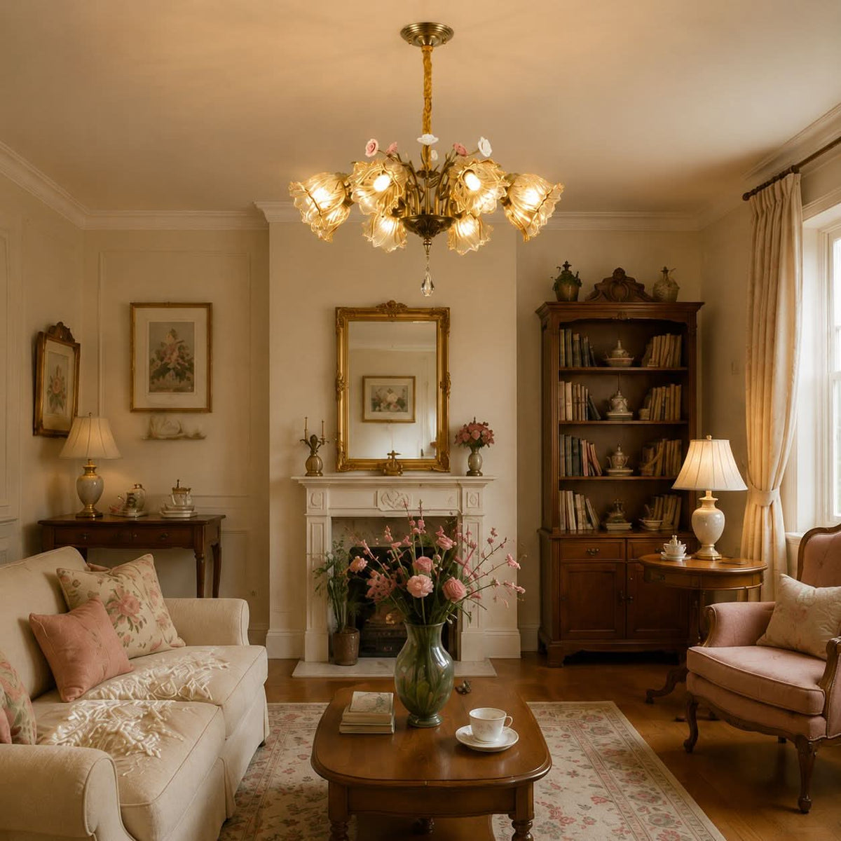 antique bronze chandelier with amber flower shades adding soft light to a bedroom