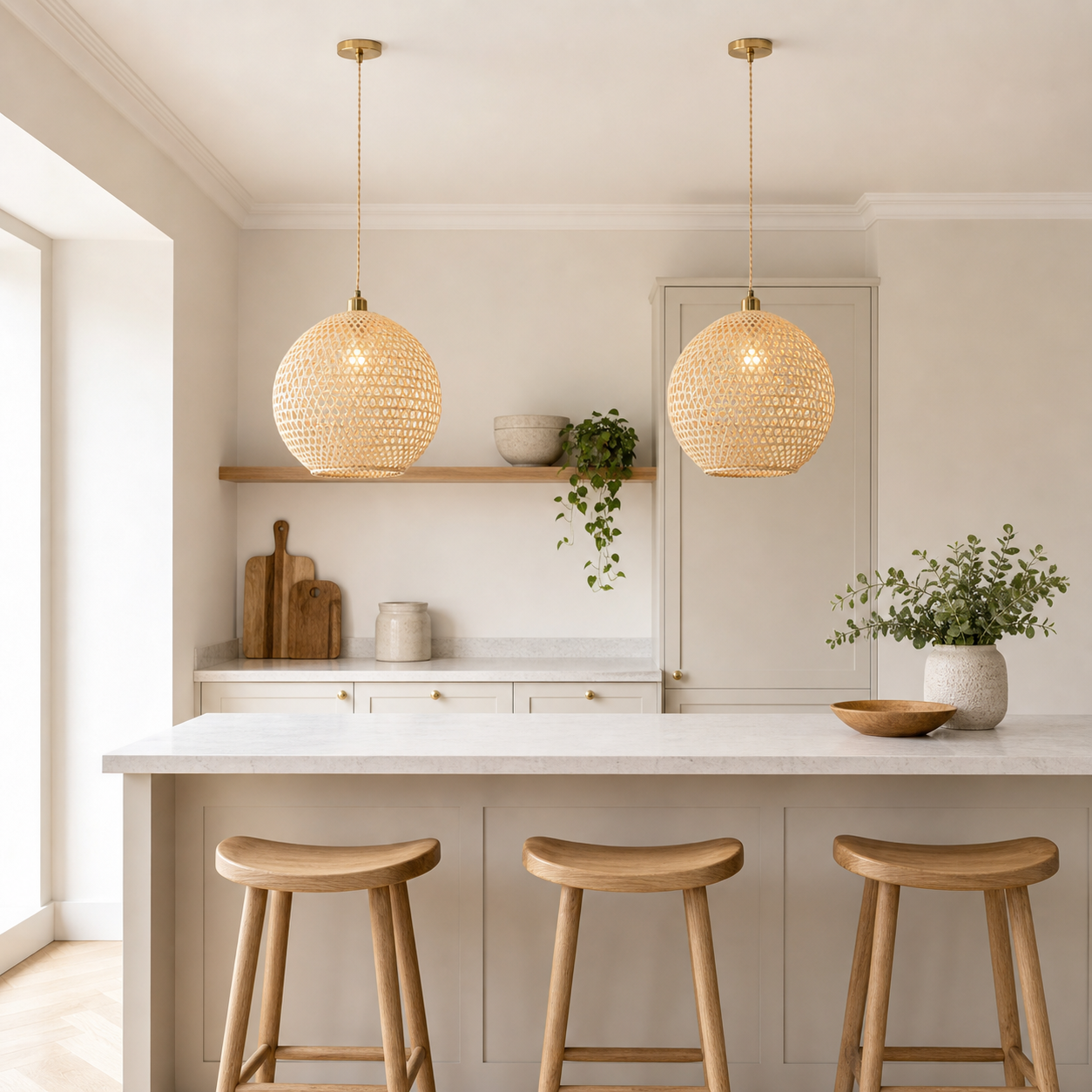 Natural Bamboo Pendant Light with Handwoven Lampshades in Four Sizes