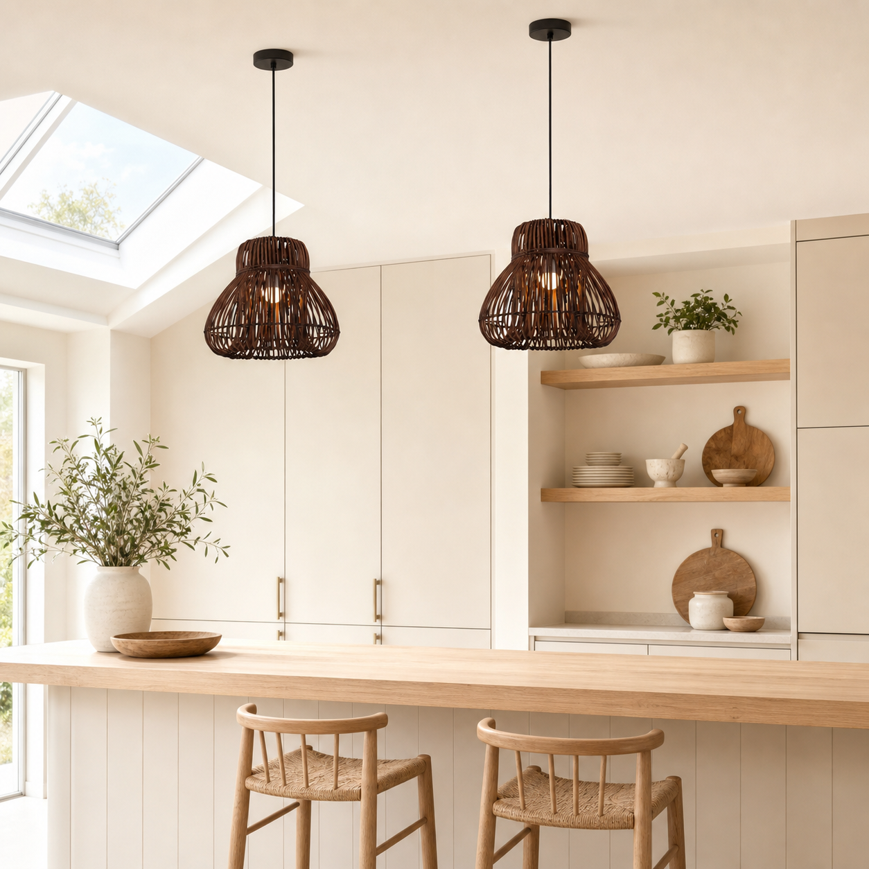 Natural Woven Rattan Pendant Light – Handcrafted Rustic Ceiling Light for Dining Rooms, Living Spaces, and Cafés