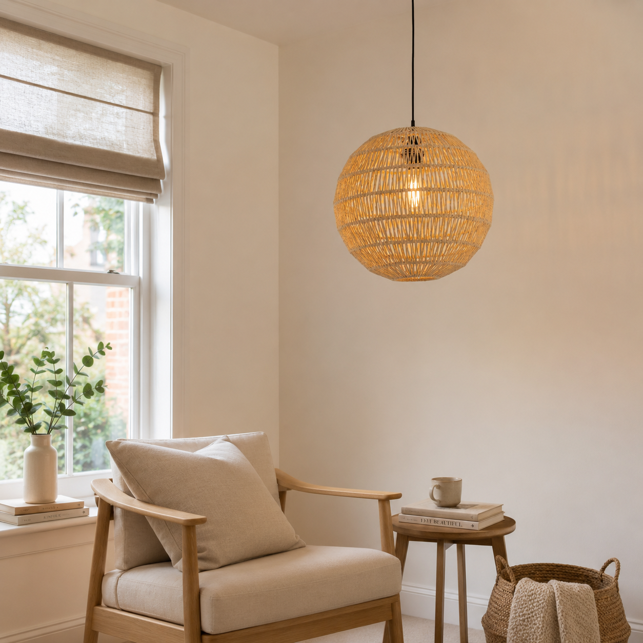 Round Cotton Rope Pendant Light – Handwoven Ceiling Pendant for Living Room, Dining Room & Kitchen