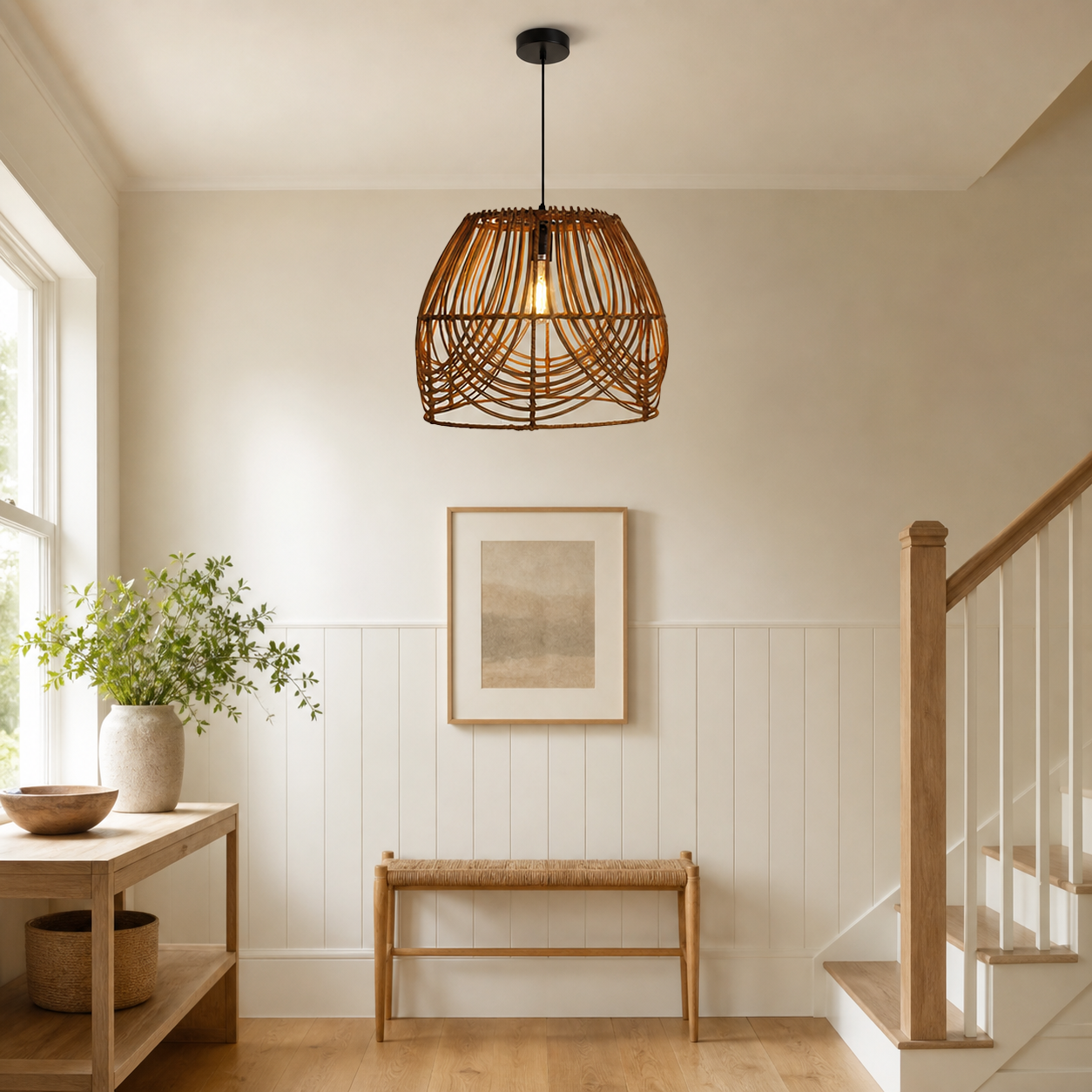 Handwoven Rattan Pendant Light – Rustic Ceiling Lighting for Living Room & Dining Room