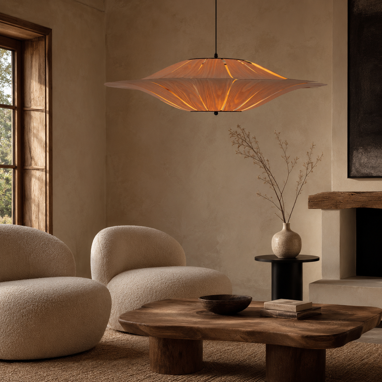 Large Wood Veneer LED Pendant Ceiling Light for Dining & Living Rooms