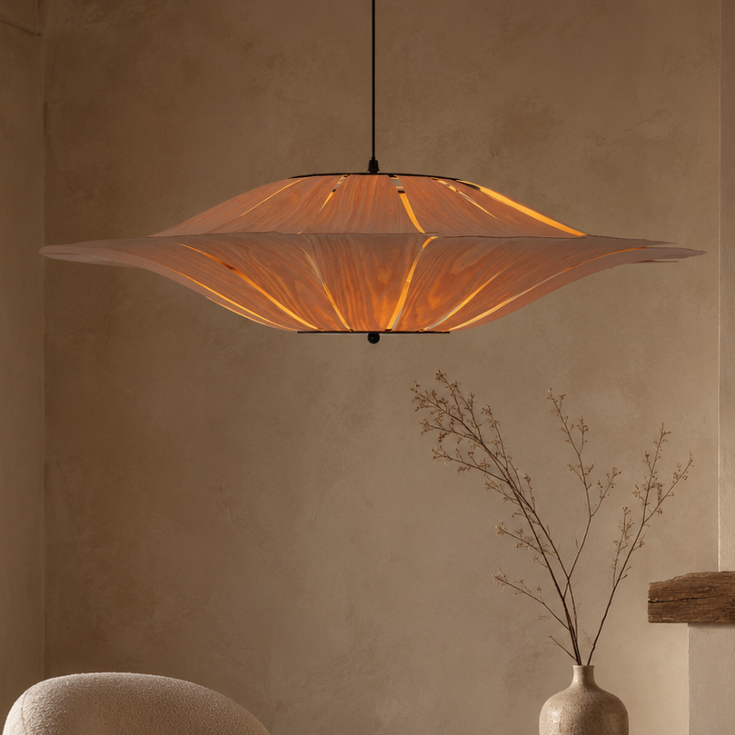 Large Wood Veneer LED Pendant Ceiling Light for Dining & Living Rooms