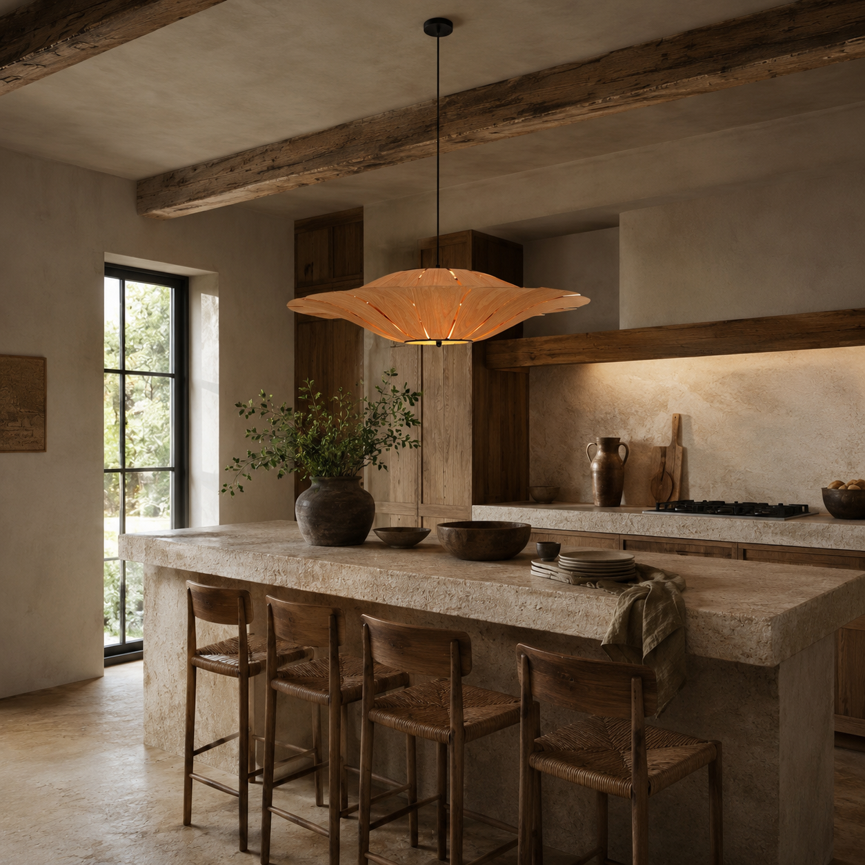 Large Wood Veneer LED Pendant Ceiling Light for Dining & Living Rooms