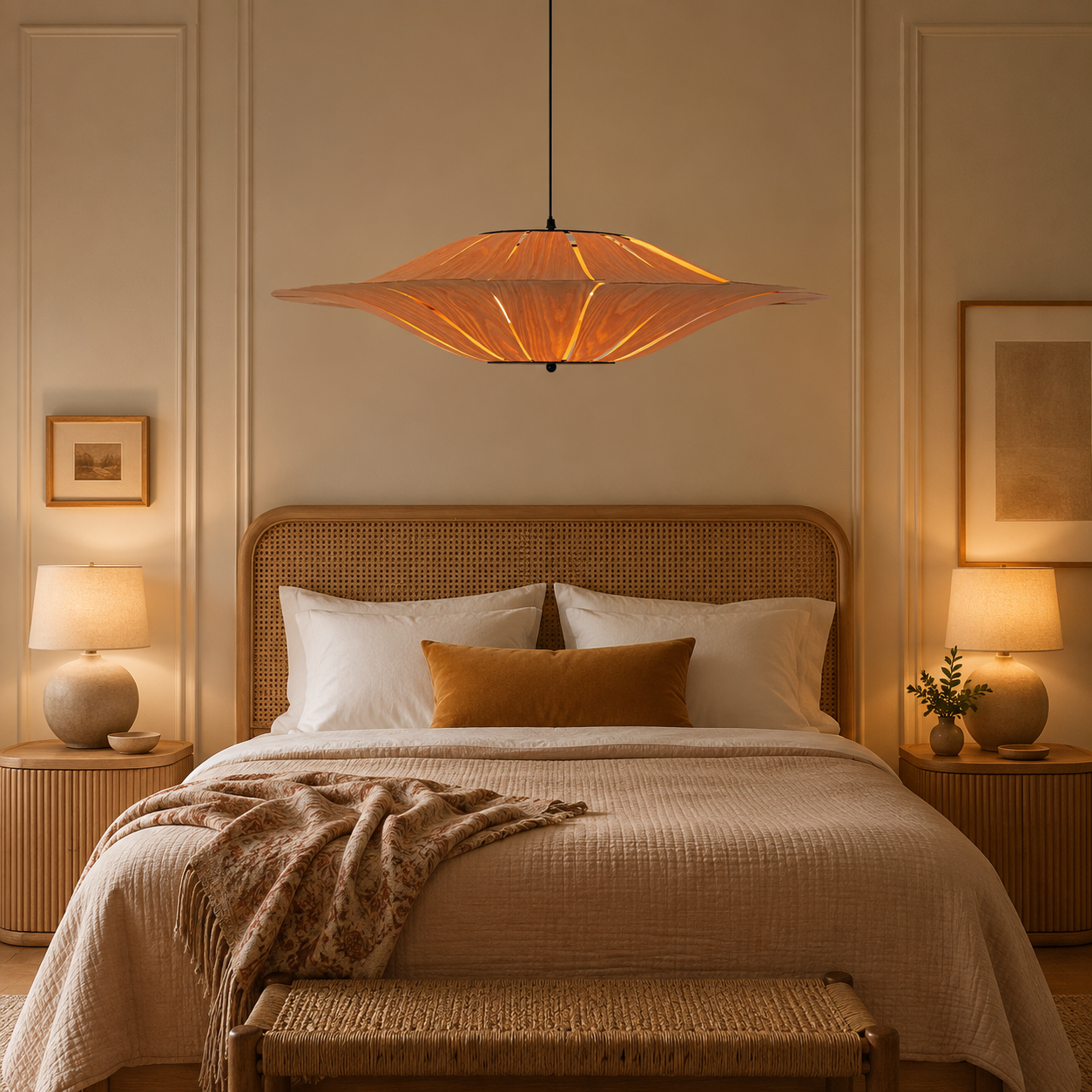 Large Wood Veneer LED Pendant Ceiling Light for Dining & Living Rooms