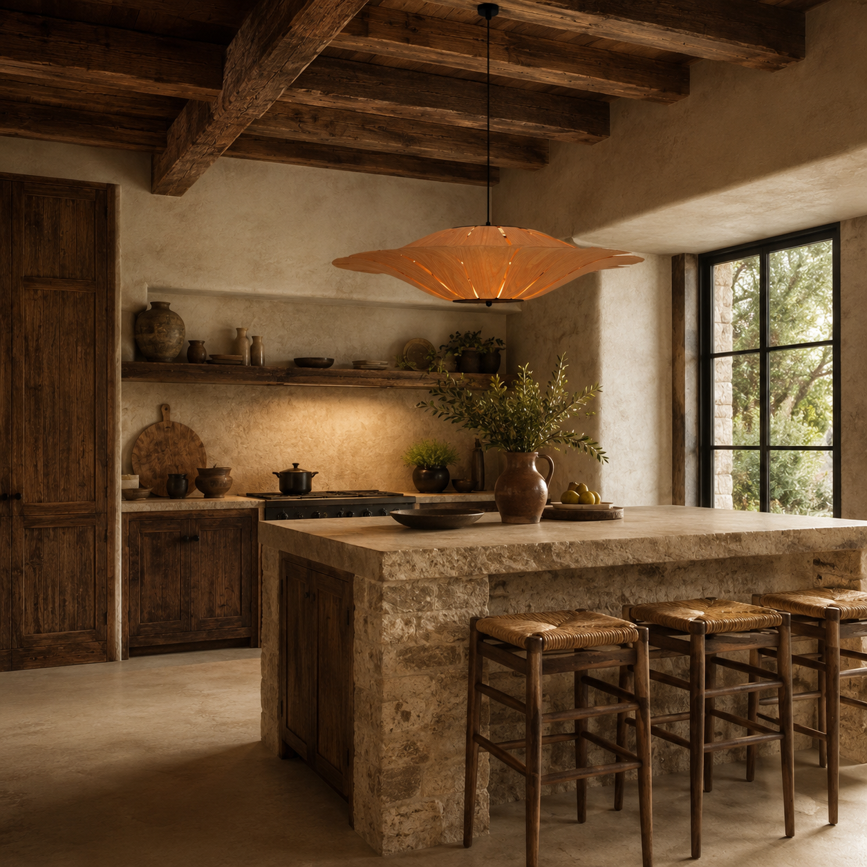 Large Wood Veneer LED Pendant Ceiling Light for Dining & Living Rooms