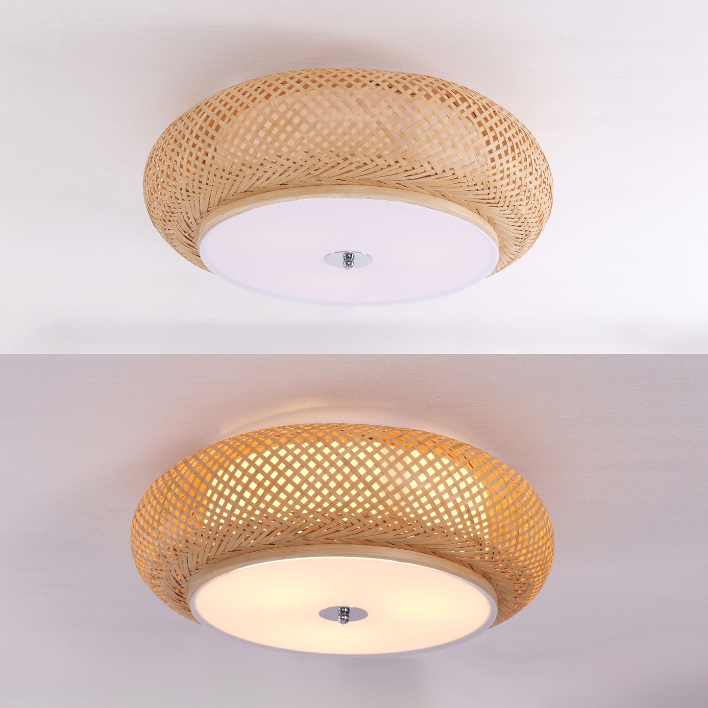 two bamboo ceiling light shade options on a white background