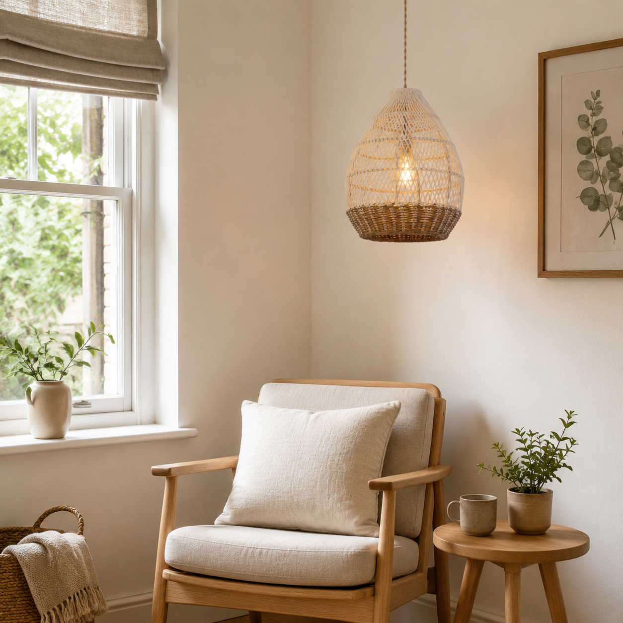 Handwoven Boho Teardrop Design Rattan Iron Pendant Light