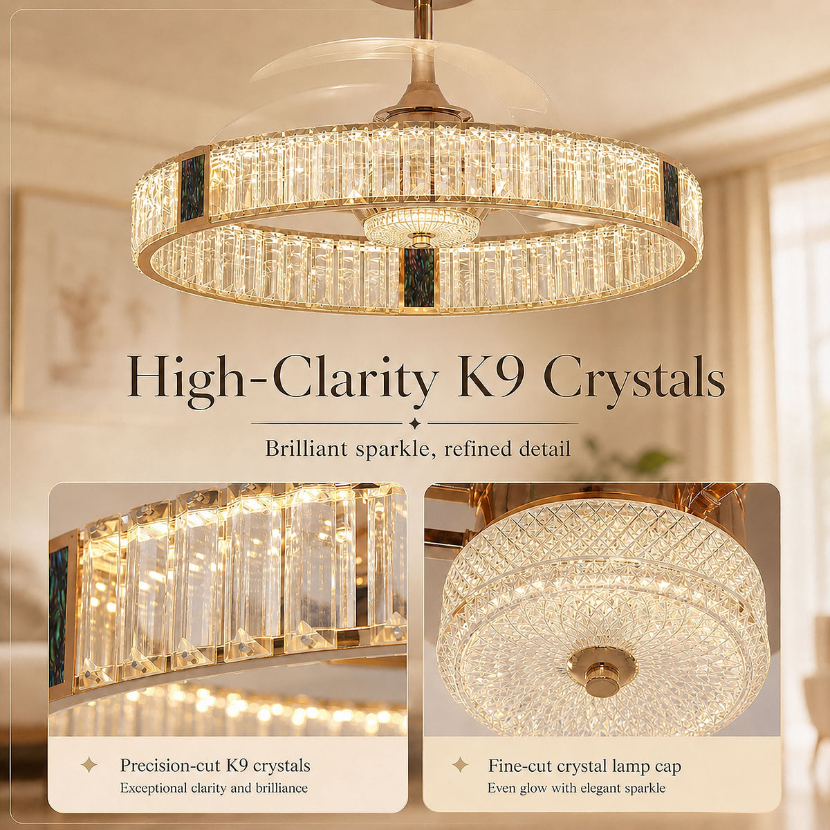 Lightsin 60cm Gold Crystal Ceiling Fan with LED Light, Remote Control & 6 Speeds Lightsin UK