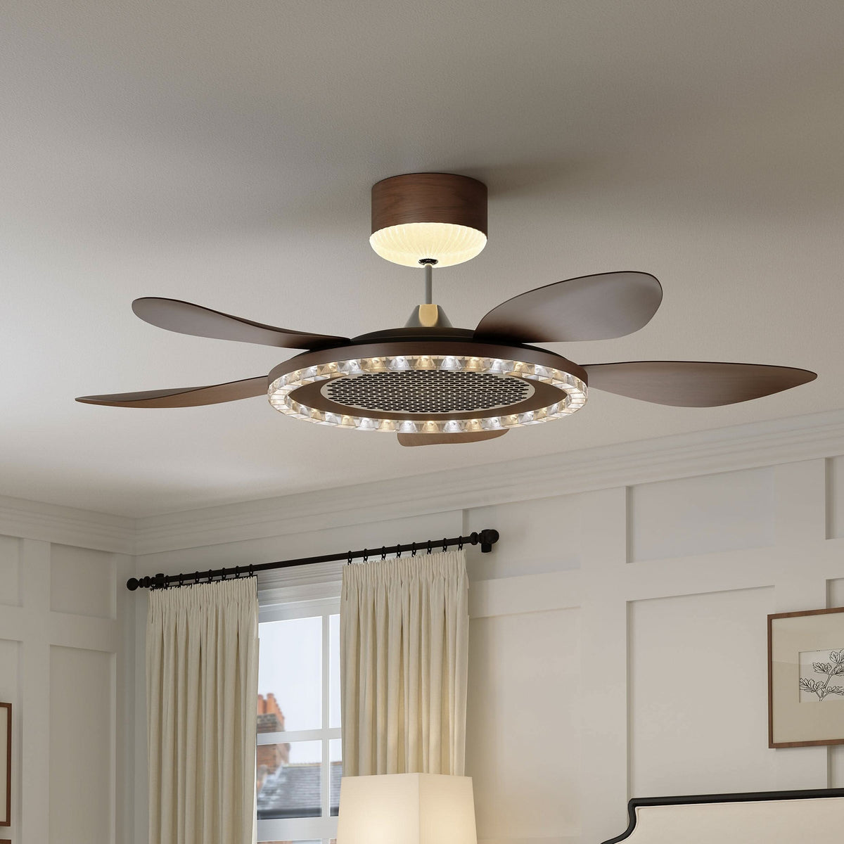 48 inch reversible ceiling fan with LED light with dimensions shown for installation