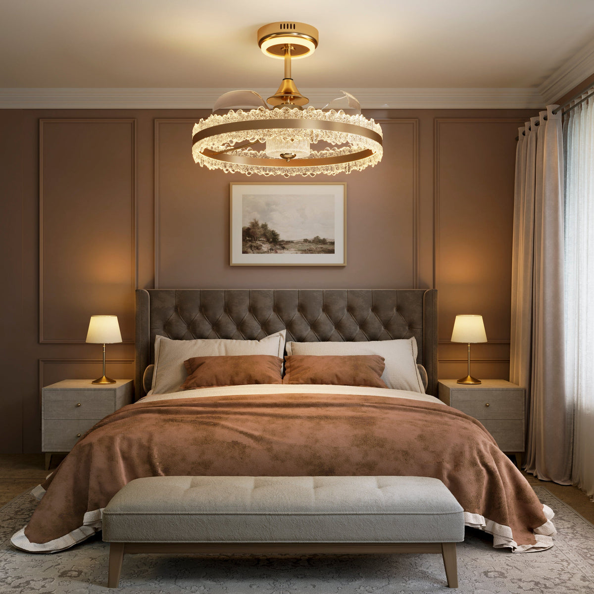 Warm gold crystal ceiling fan light above a brown bedroom with bedside lamps