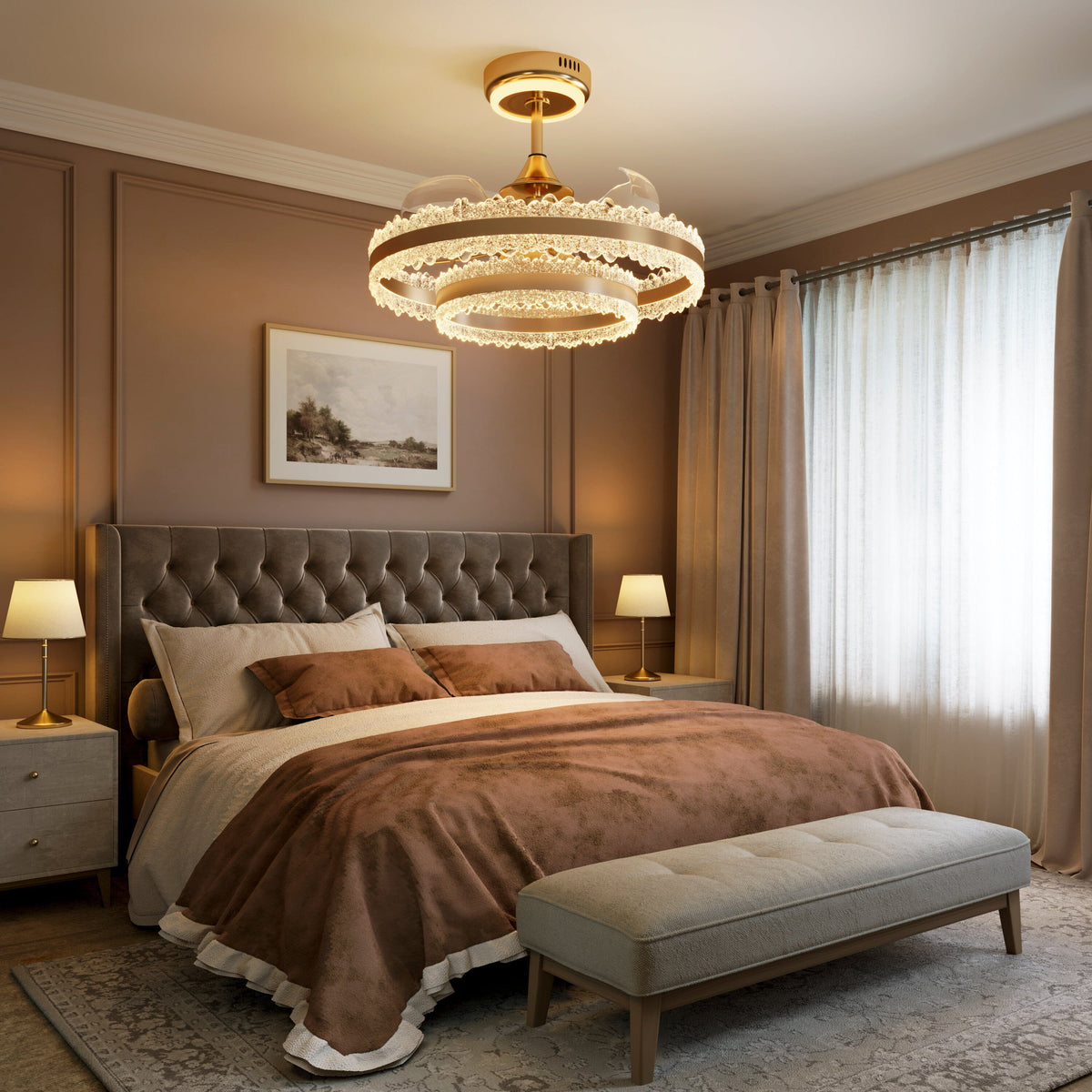 Gold crystal fan light in warm white above a taupe upholstered bedroom