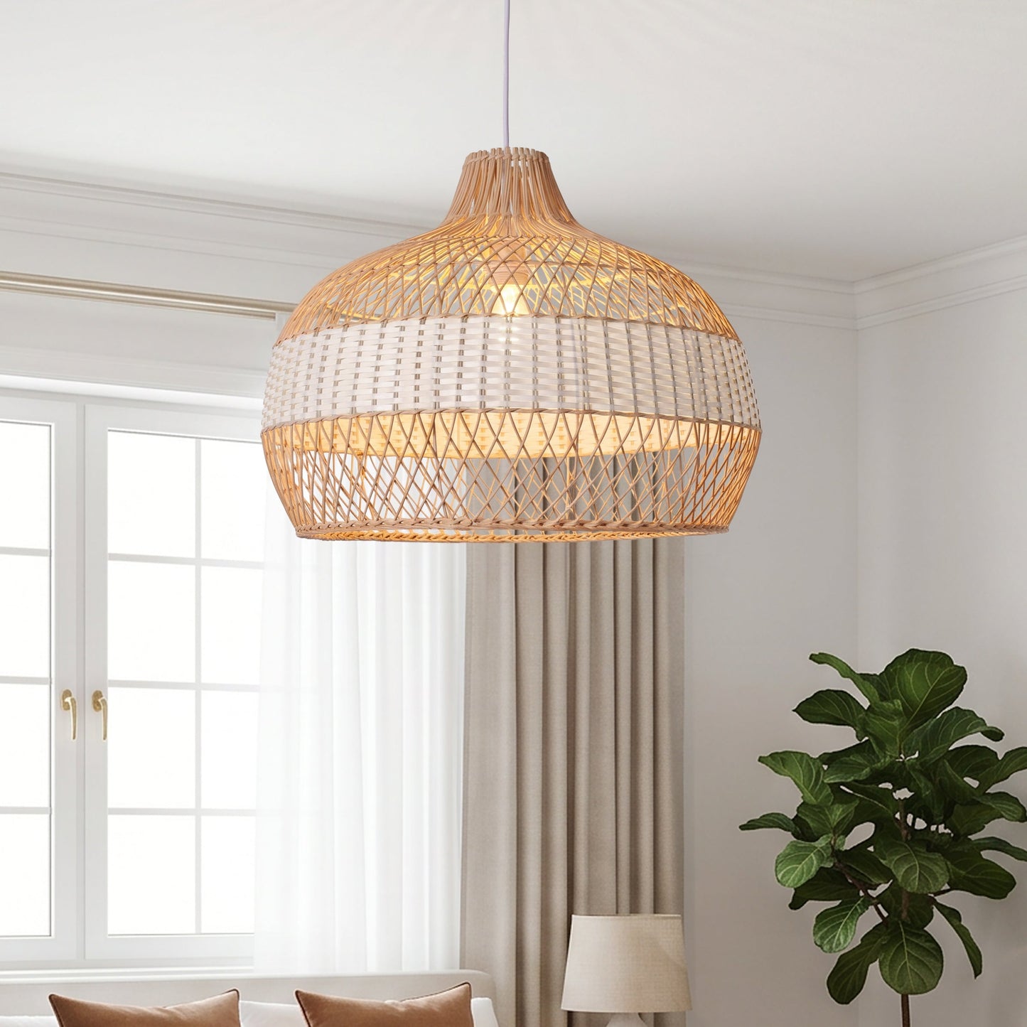 LI460273 Dewlight-Handwoven Half White Rattan Pendant Light Kitchen Island pendant light in a home interior