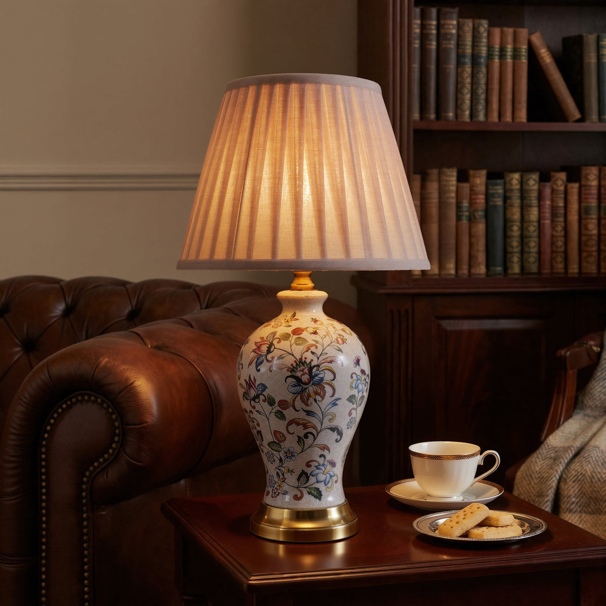Chinoiserie Hand-Painted Porcelain Table Lamp with Pleated Linen Shade