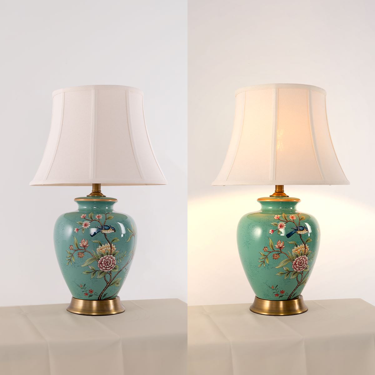 Vintage Green Floral Ceramic Table Lamp with Fabric Shade Lightsin UK