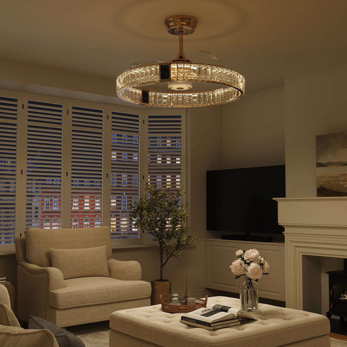 Gold ceiling fan light with crystal accents for compact bedrooms and dining spaces