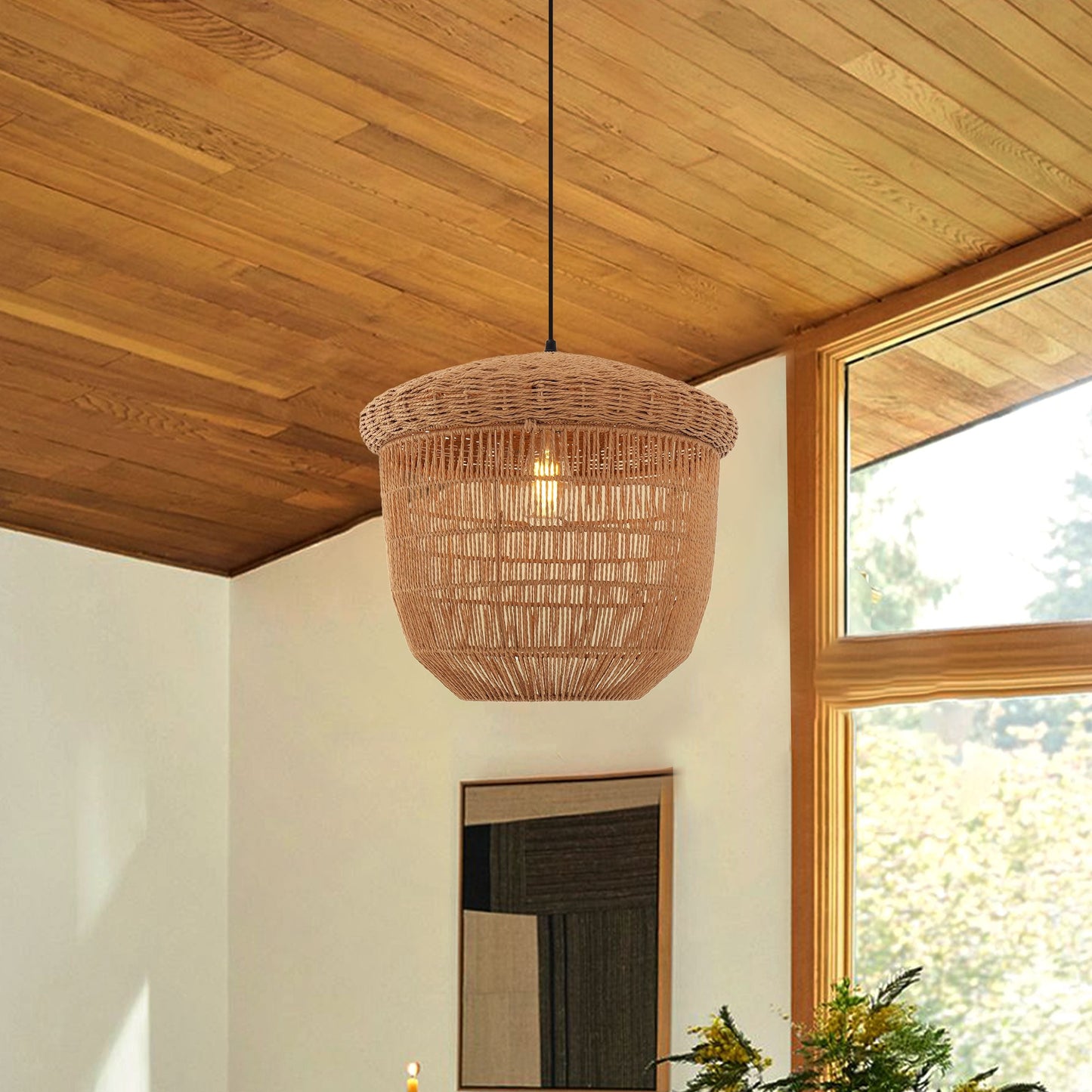 Living Nest UK Rustic Paper Rope and Iron Basket Pendant Light for Cozy Spaces Living Nest UK Light Brown