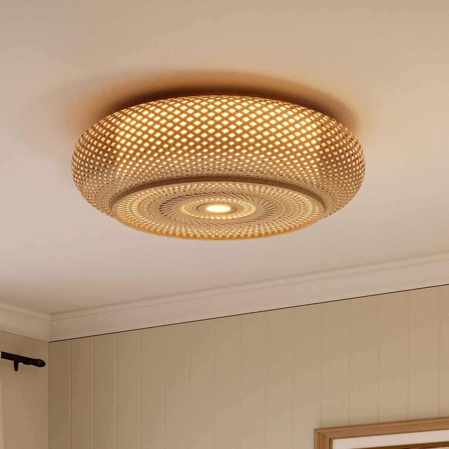 close-up of a glowing bamboo ceiling light diffuser
