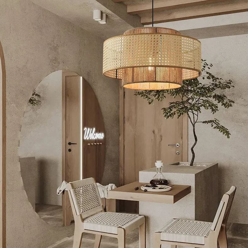 Lightsin Natural Woven Rattan and Hemp Rope Rustic Pendant Light Fixture Lightsin UK