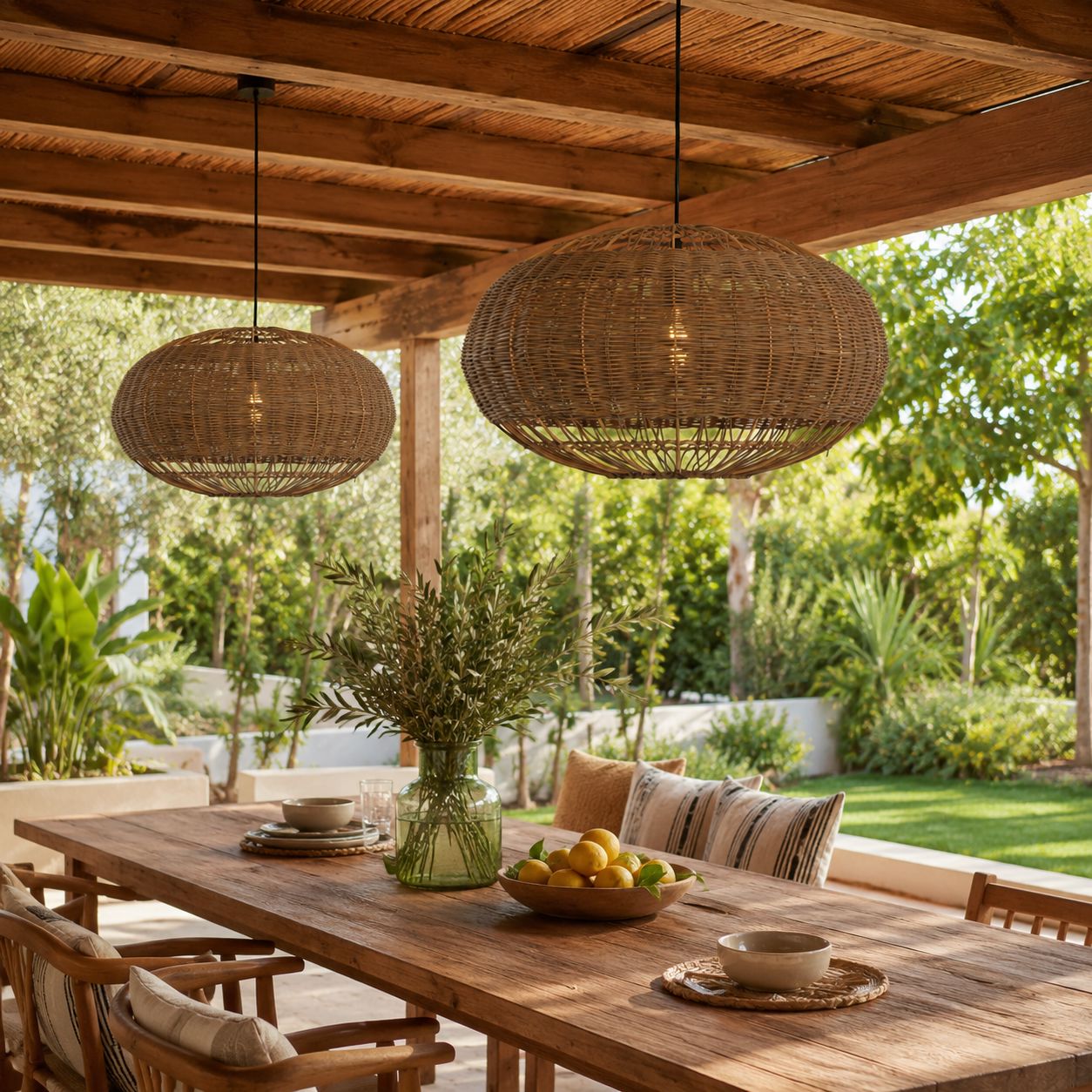 Lightsin Handcrafted Rattan Pendant Light in Flat Round Basket Shape Lightsin UK