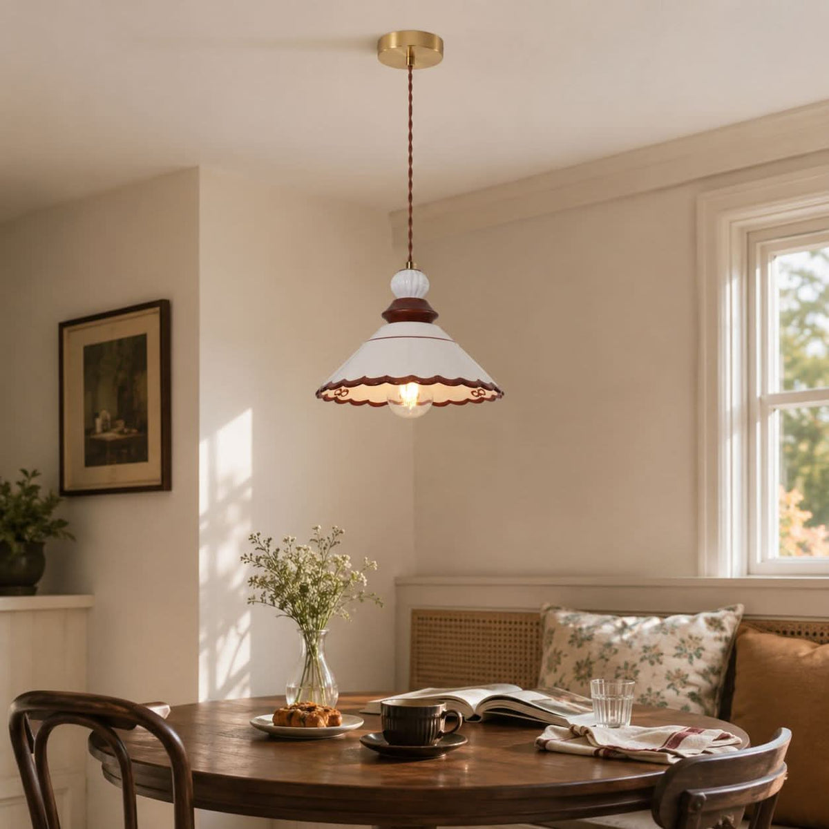 brown ceramic lace pendant light shown as a clean product view