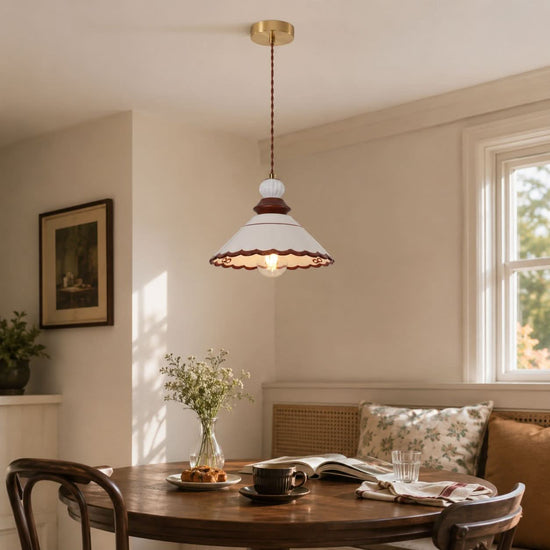 brown ceramic lace pendant light shown as a clean product view