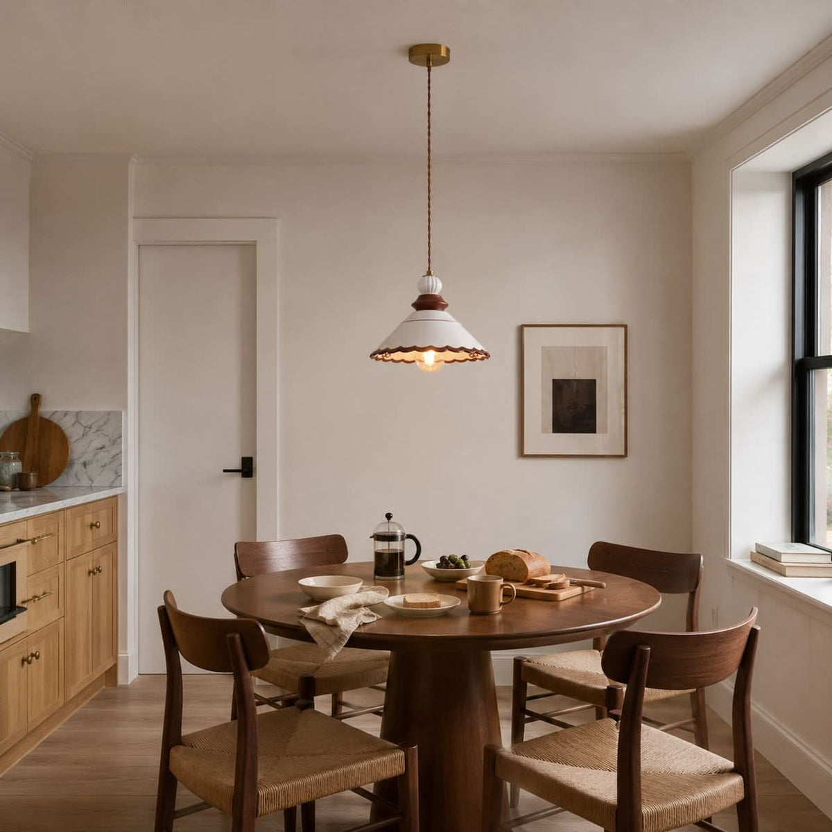 brown ceramic lace pendant light beside a cosy seating area