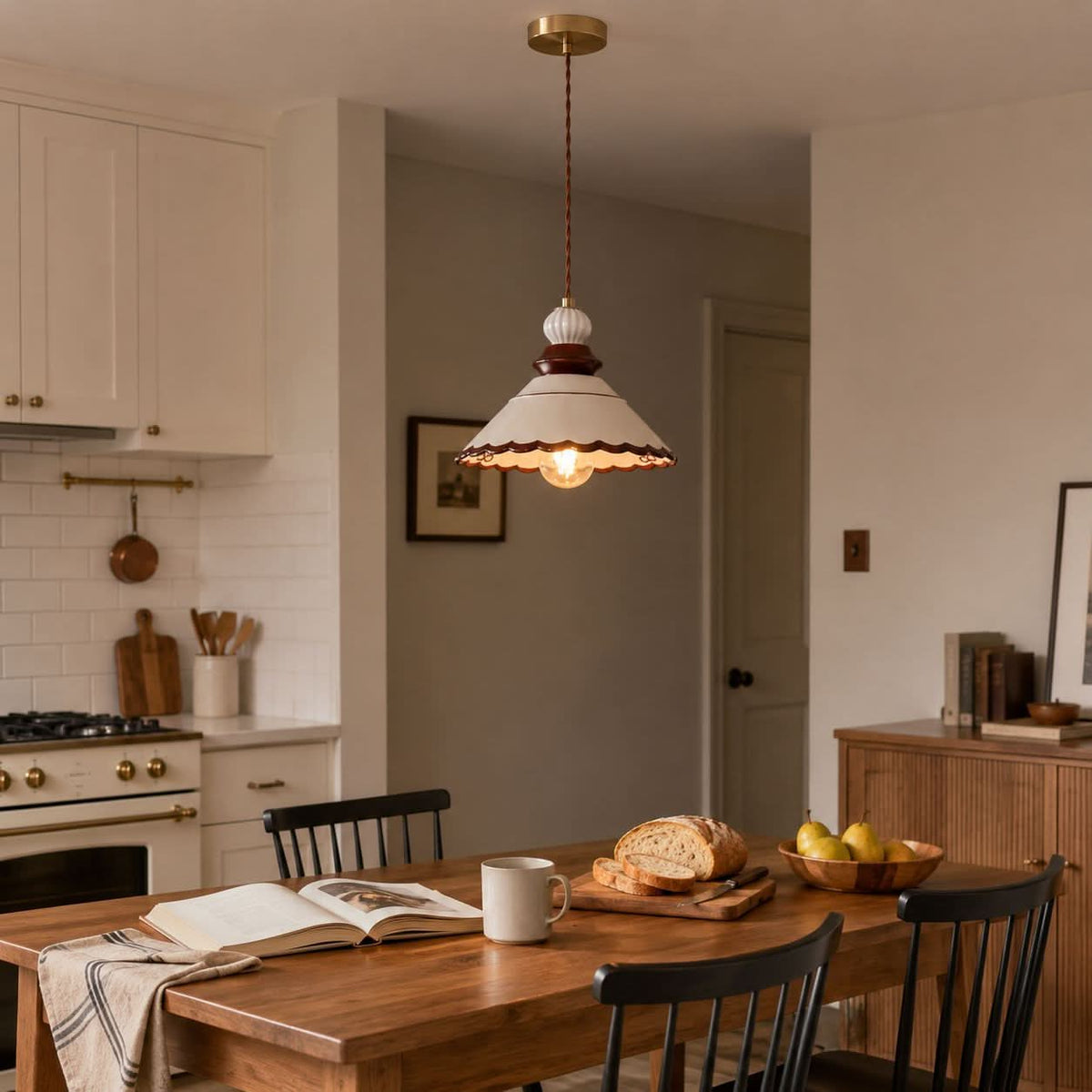 brown ceramic lace pendant light adding warm light to a dining space