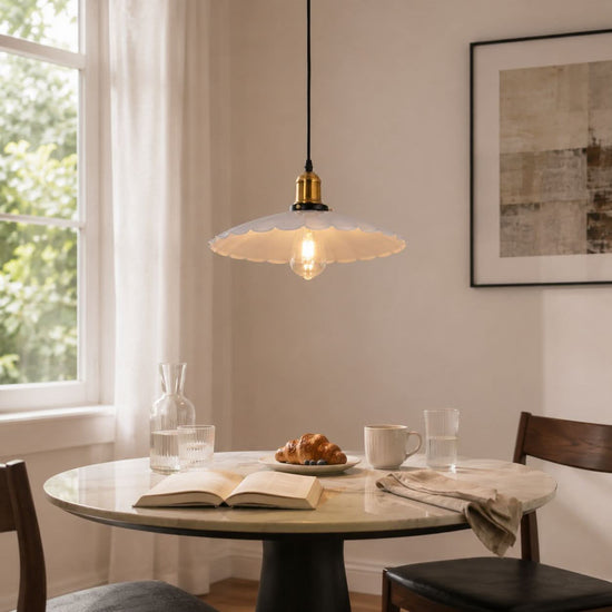 white iron pendant light in a warm living room