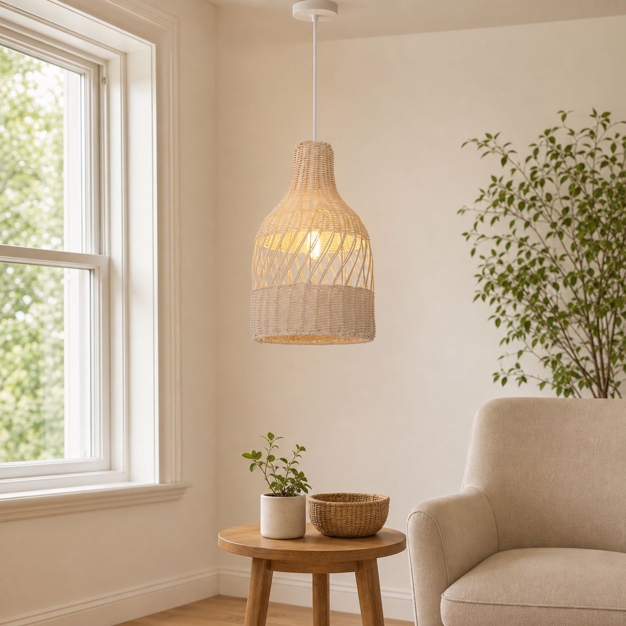 Lightsin Sustainable Handwoven White Rattan Light Fixture Lightsin UK 