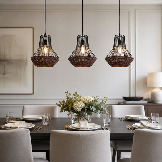 Lightsin Geometric Rattan and Iron Pendant Light for Dining, Kitchen, and Living Rooms Lightsin UK 