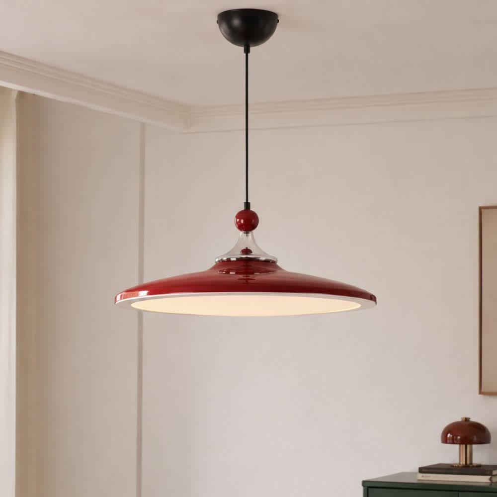 red iron pendant light shown as a clean product view