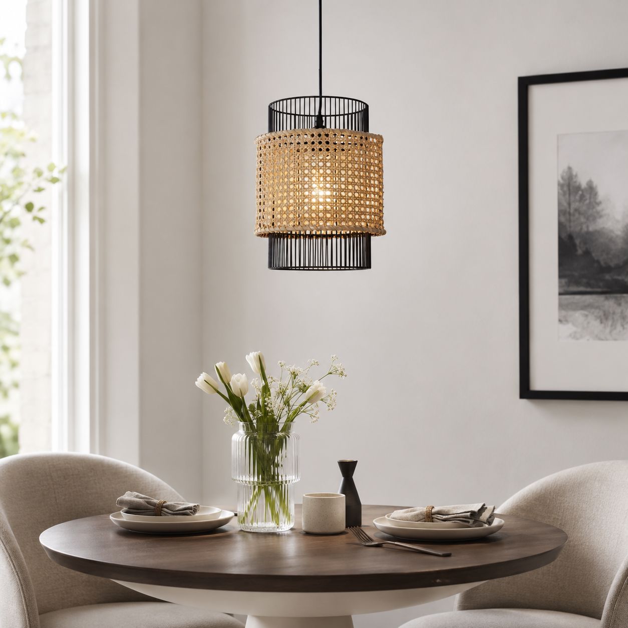 Glyph-Lightsin Elegant Black Frame with Handwoven Rattan Pendant Light Lightsin UK 