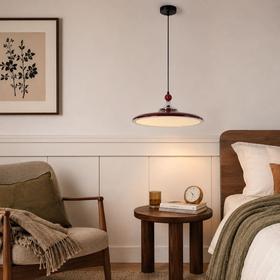 red iron pendant light with shade and canopy details