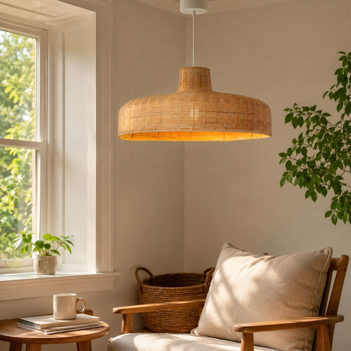 Lightsin Flat Teapot-Shaped Japanese Rattan Pendant Light – Natural Elegance Lightsin UK 