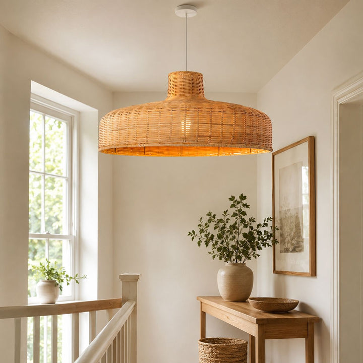 Lightsin Flat Teapot-Shaped Japanese Rattan Pendant Light – Natural Elegance Lightsin UK 