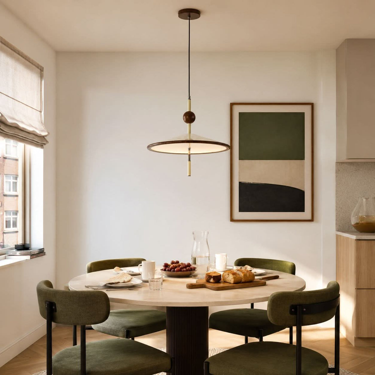 beige iron pendant light over a kitchen island