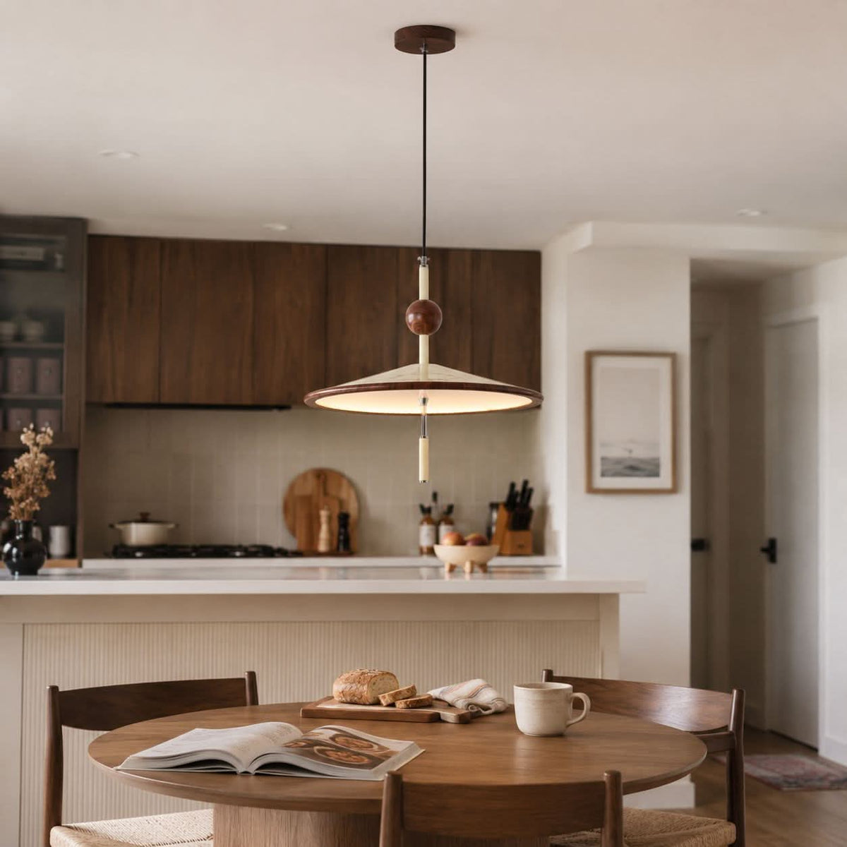 beige iron pendant light in a warm living room