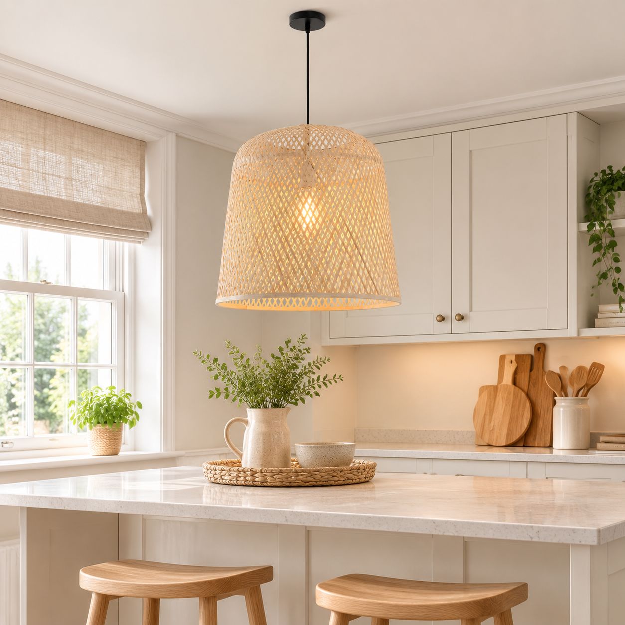 Lightsin Bamboo Pendant Light – Handwoven Cylindrical Ceiling Light with Cross-Weave Shade for Kitchen, Bedroom & Living Room Lightsin UK 