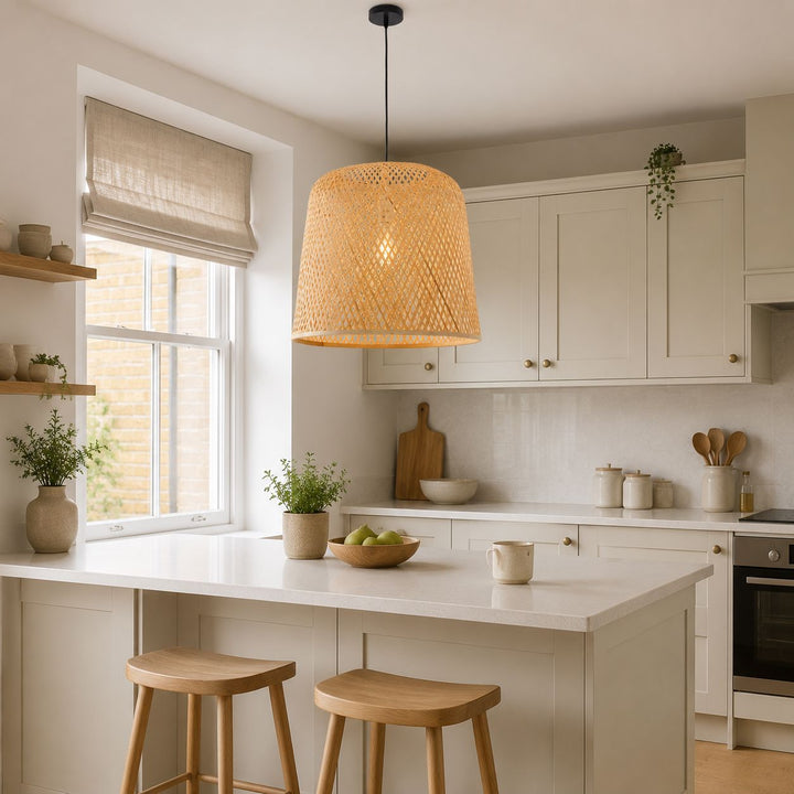 Lightsin Bamboo Pendant Light – Handwoven Cylindrical Ceiling Light with Cross-Weave Shade for Kitchen, Bedroom & Living Room Lightsin UK 