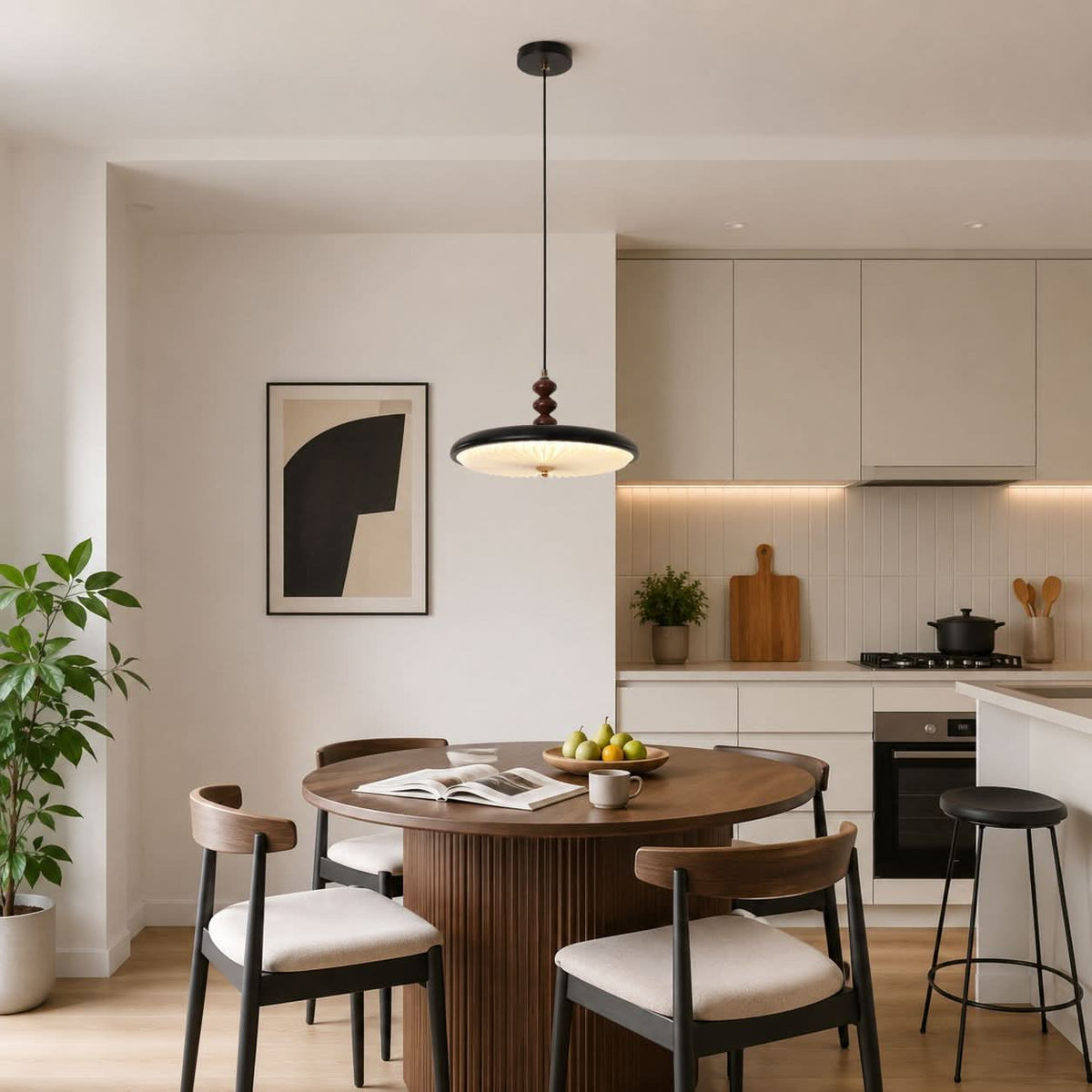 black pleated pendant light in a warm living room