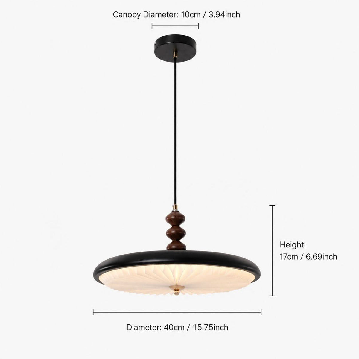 black pleated pendant light with a clear size guide
