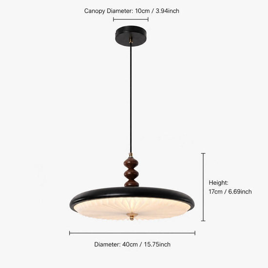black pleated pendant light with a clear size guide