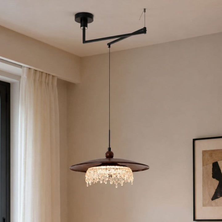 walnut folding acrylic pendant light shown as a clean product view
