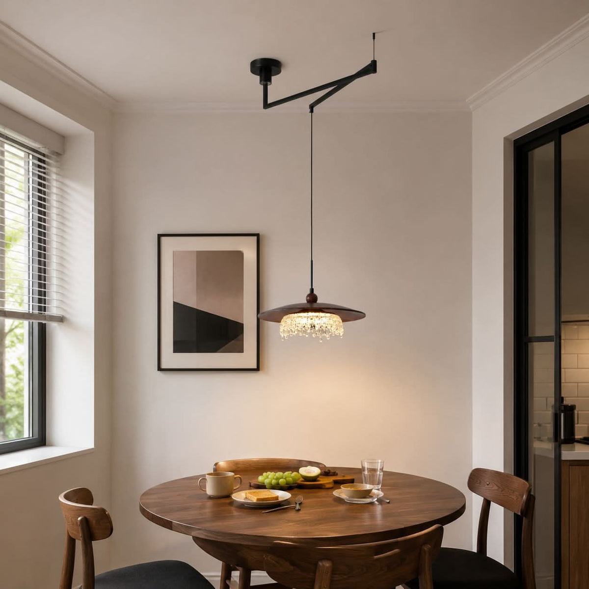 walnut folding acrylic pendant light over a kitchen island