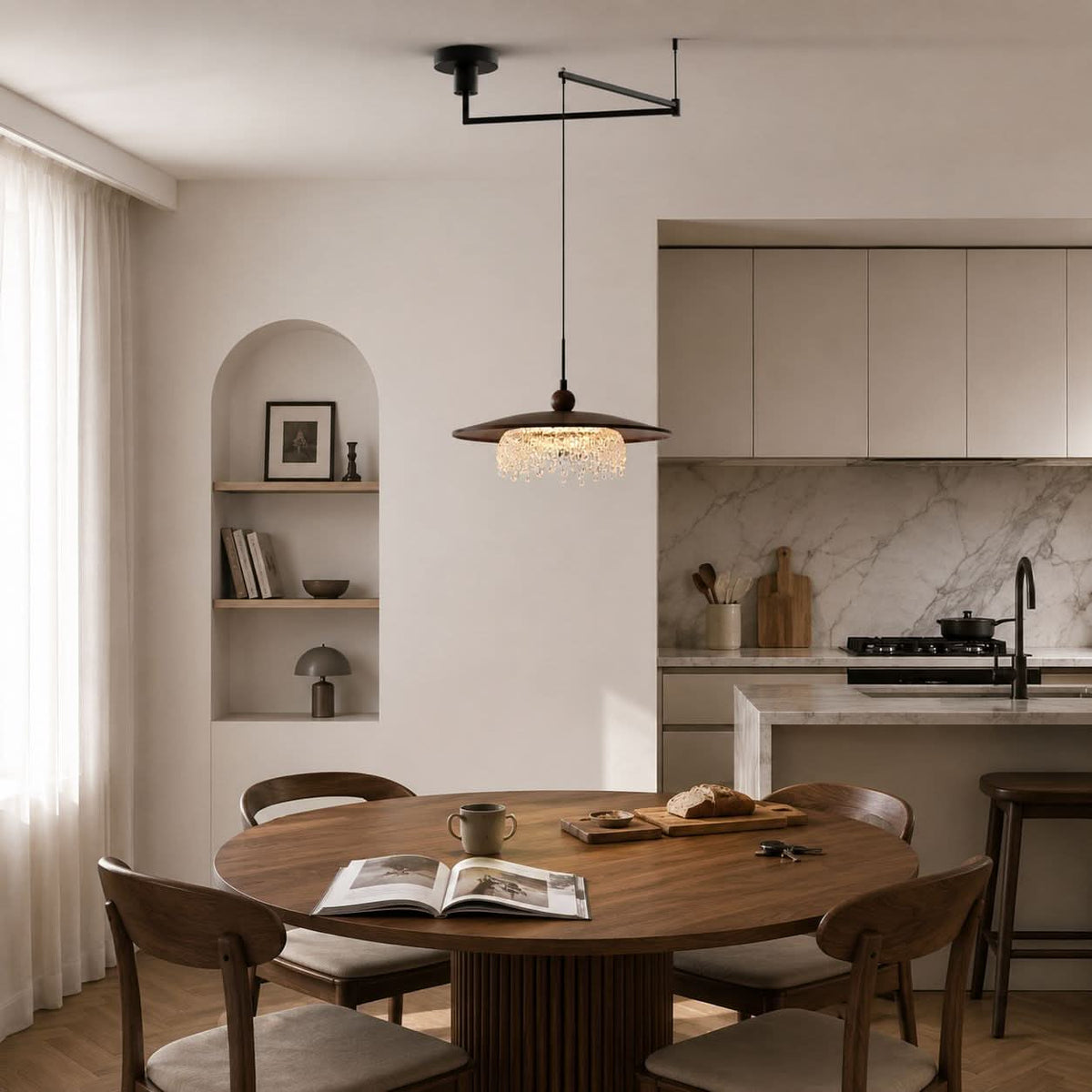 walnut folding acrylic pendant light in a warm living room