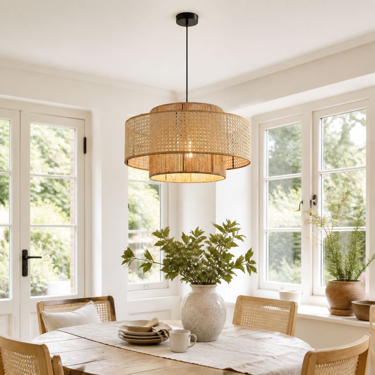 Lightsin Natural Woven Rattan and Hemp Rope Rustic Pendant Light Fixture Pendant Lights Lightsin UK 