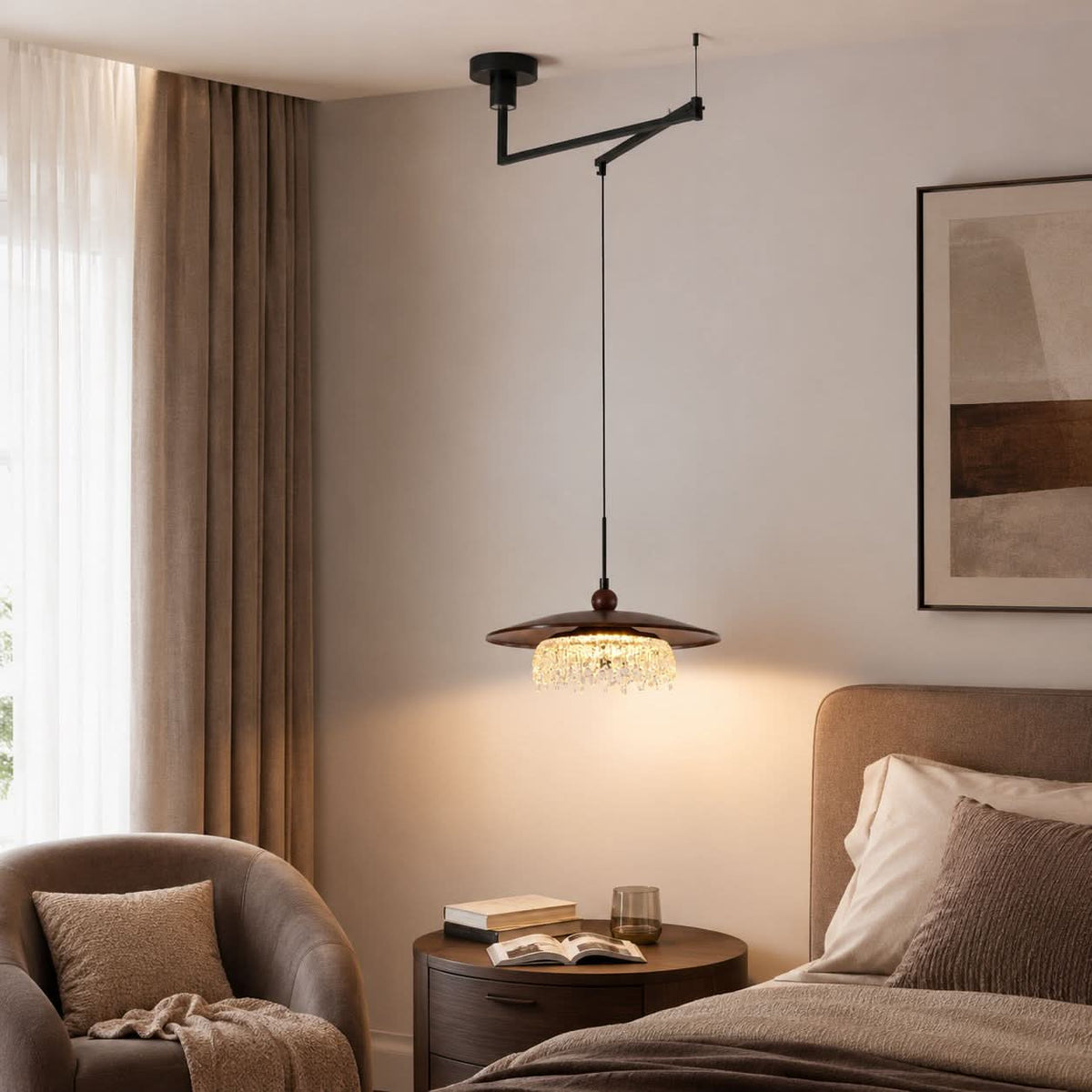 walnut folding acrylic pendant light shown as a clean product view